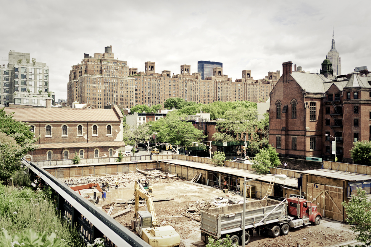 Construction site in New York where an urban property is being cleared and prepared for redevelopment