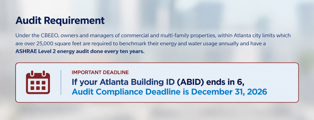 Atlanta CBEEO energy audit requirement highlighting the December 31, 2026 compliance deadline for buildings with an ABID ending in 6.